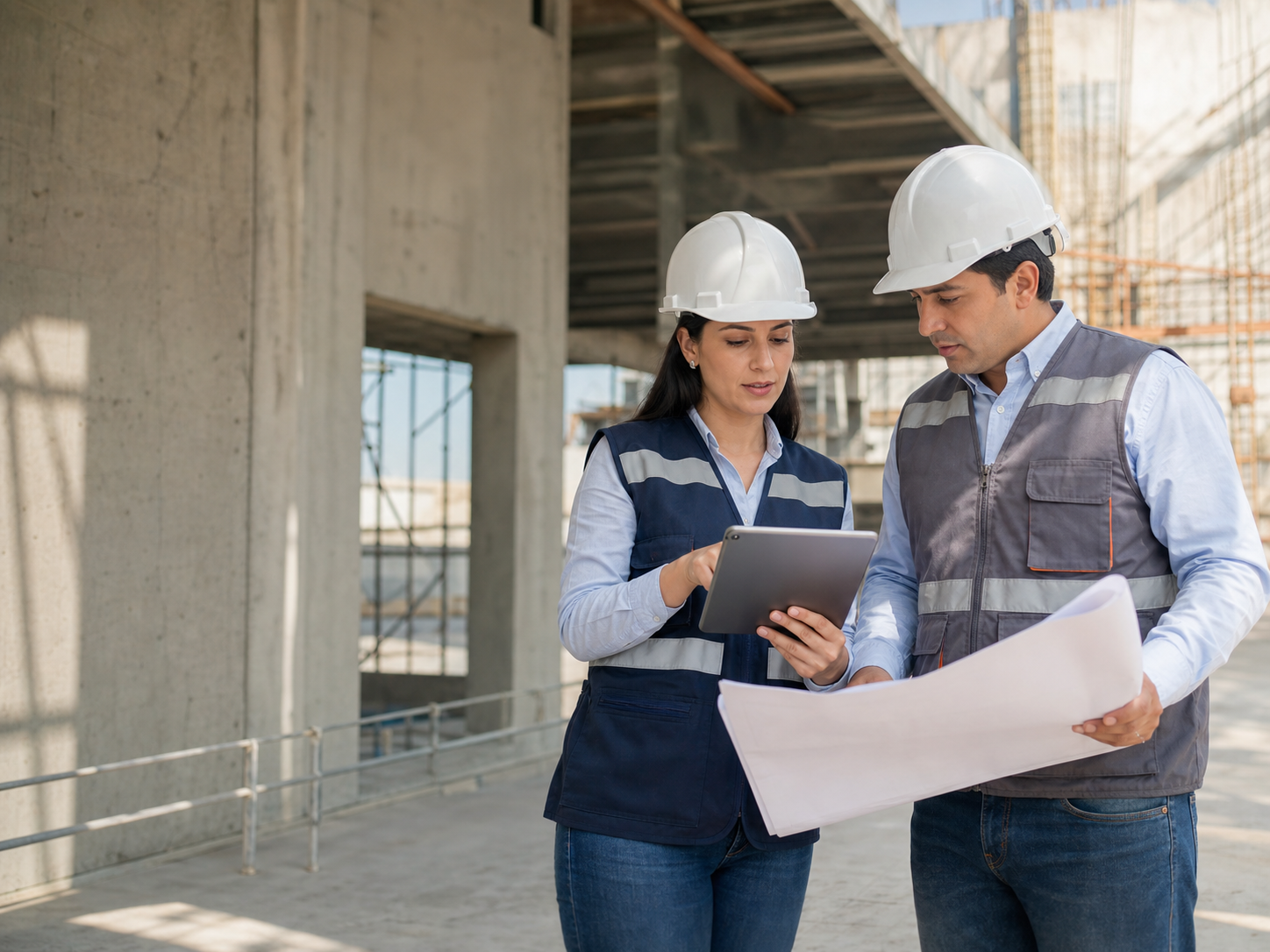 Ingeniera y supervisor revisando planos y una tableta en obra