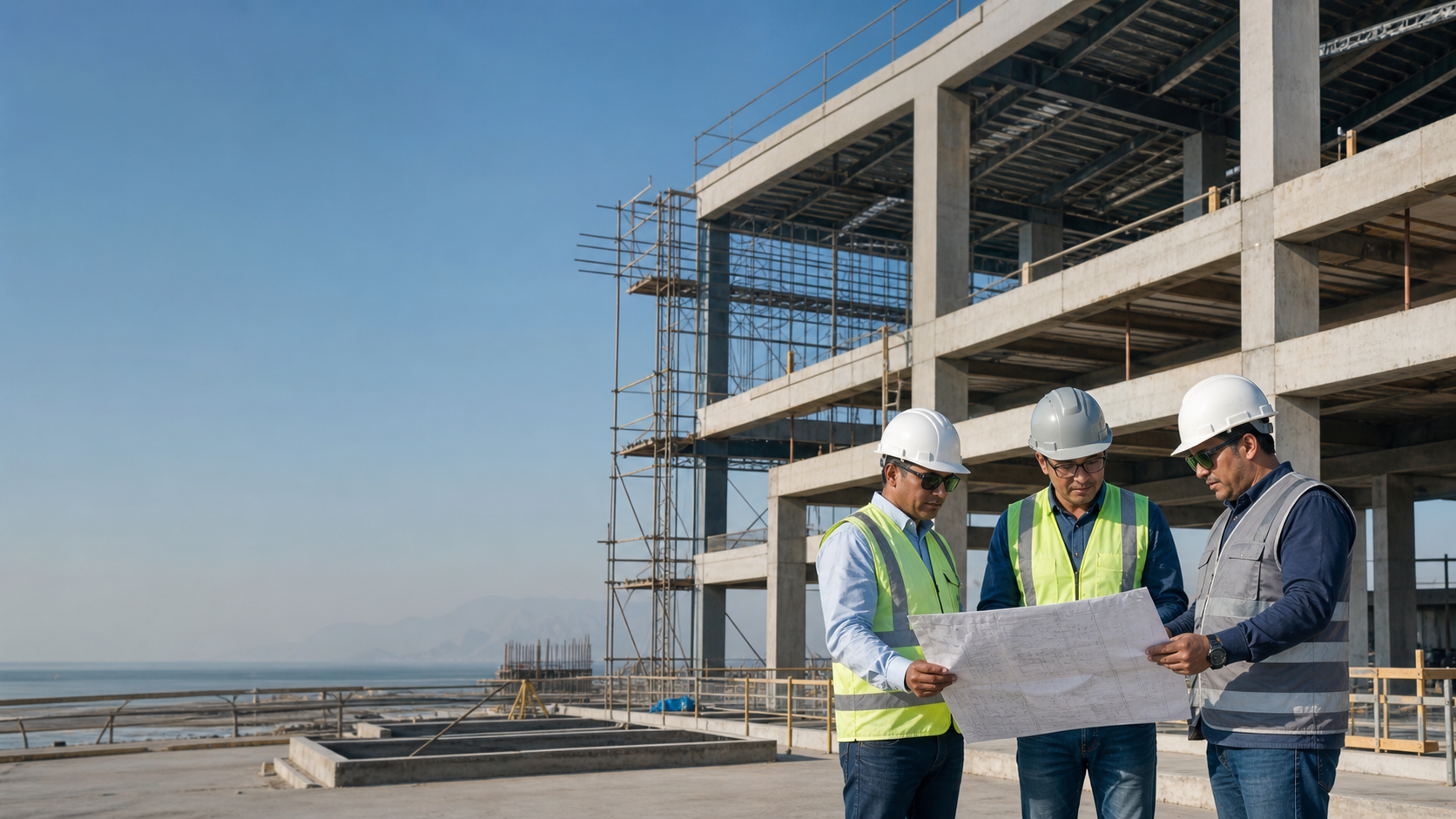 Equipo técnico revisando planos frente a una estructura de concreto en construcción