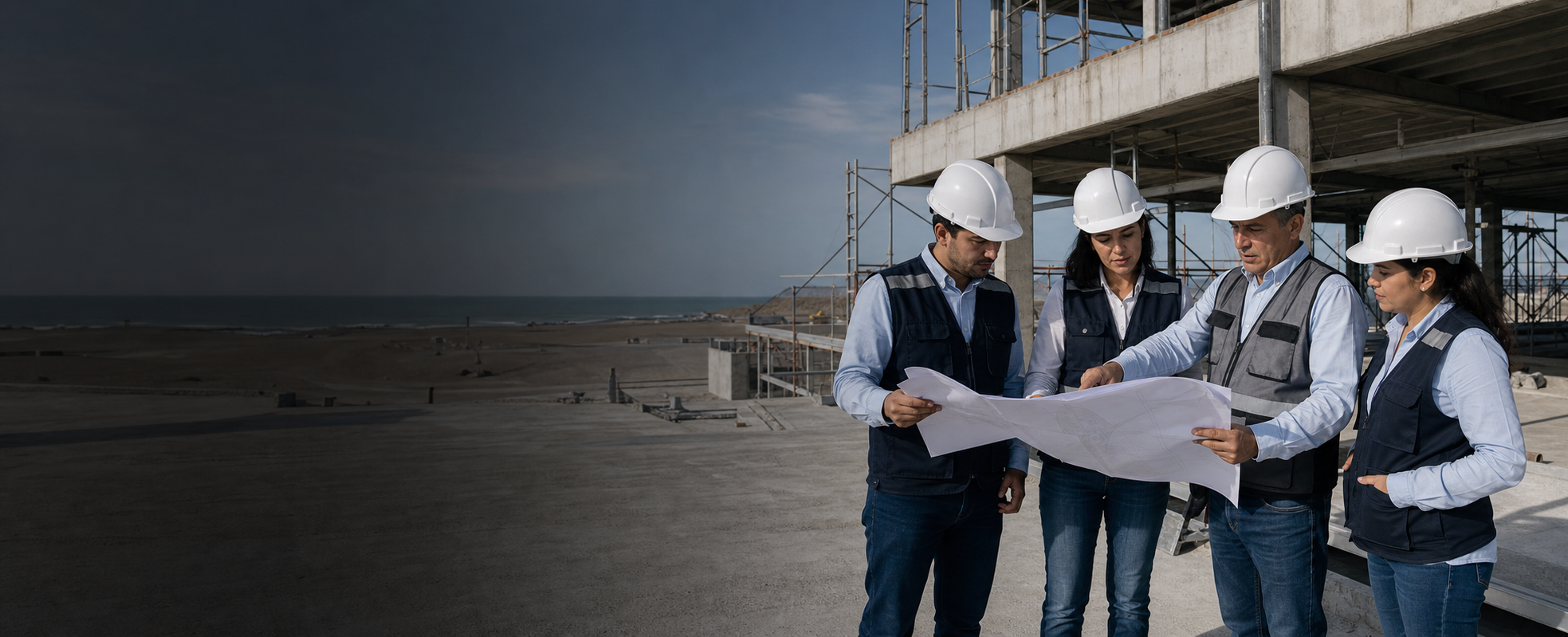 Equipo técnico de D&C revisando planos en una obra
