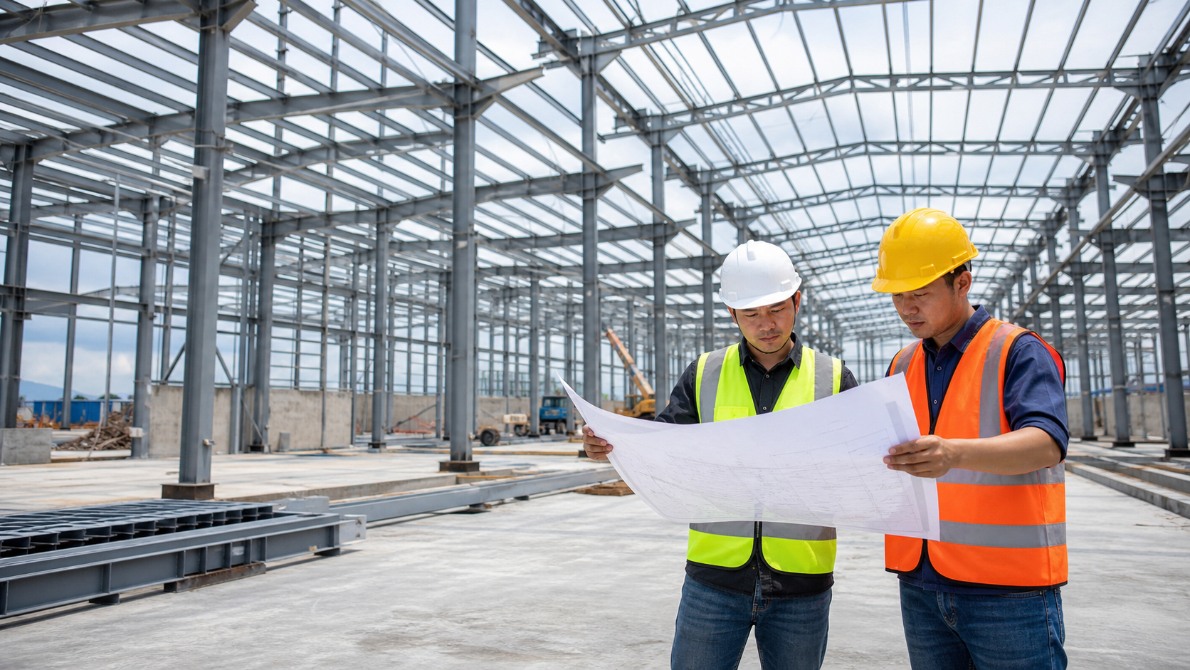 Ingenieros revisando planos en una estructura industrial