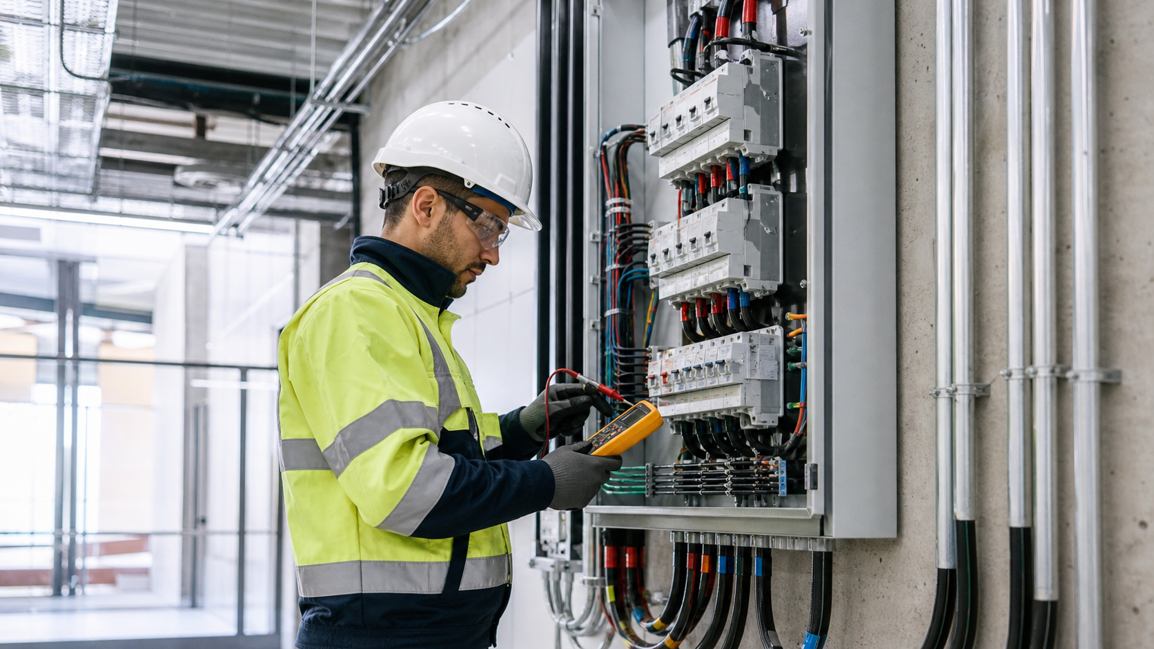 Técnico revisando un tablero eléctrico en una instalación comercial