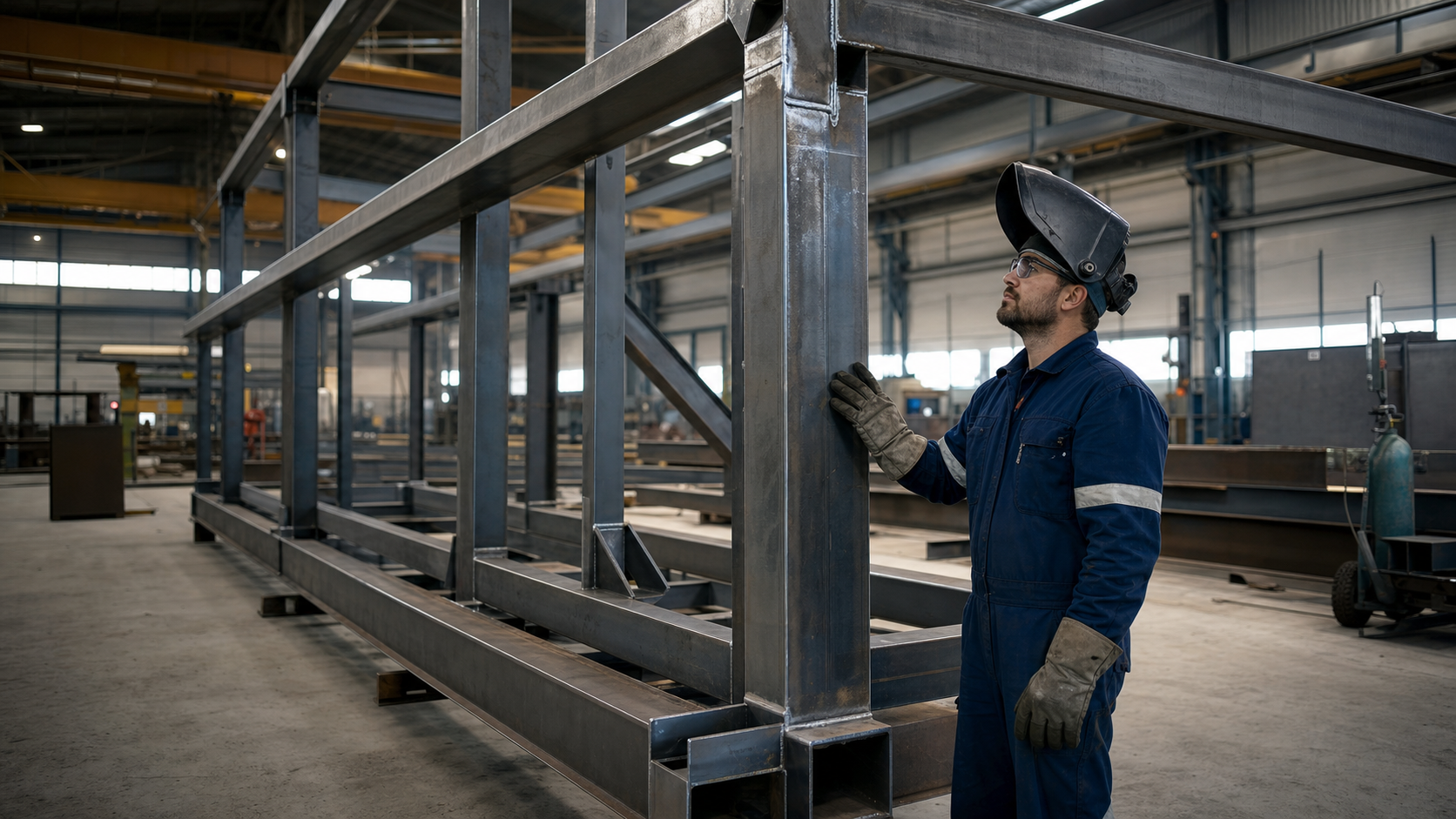 Especialista inspeccionando una estructura metálica en taller