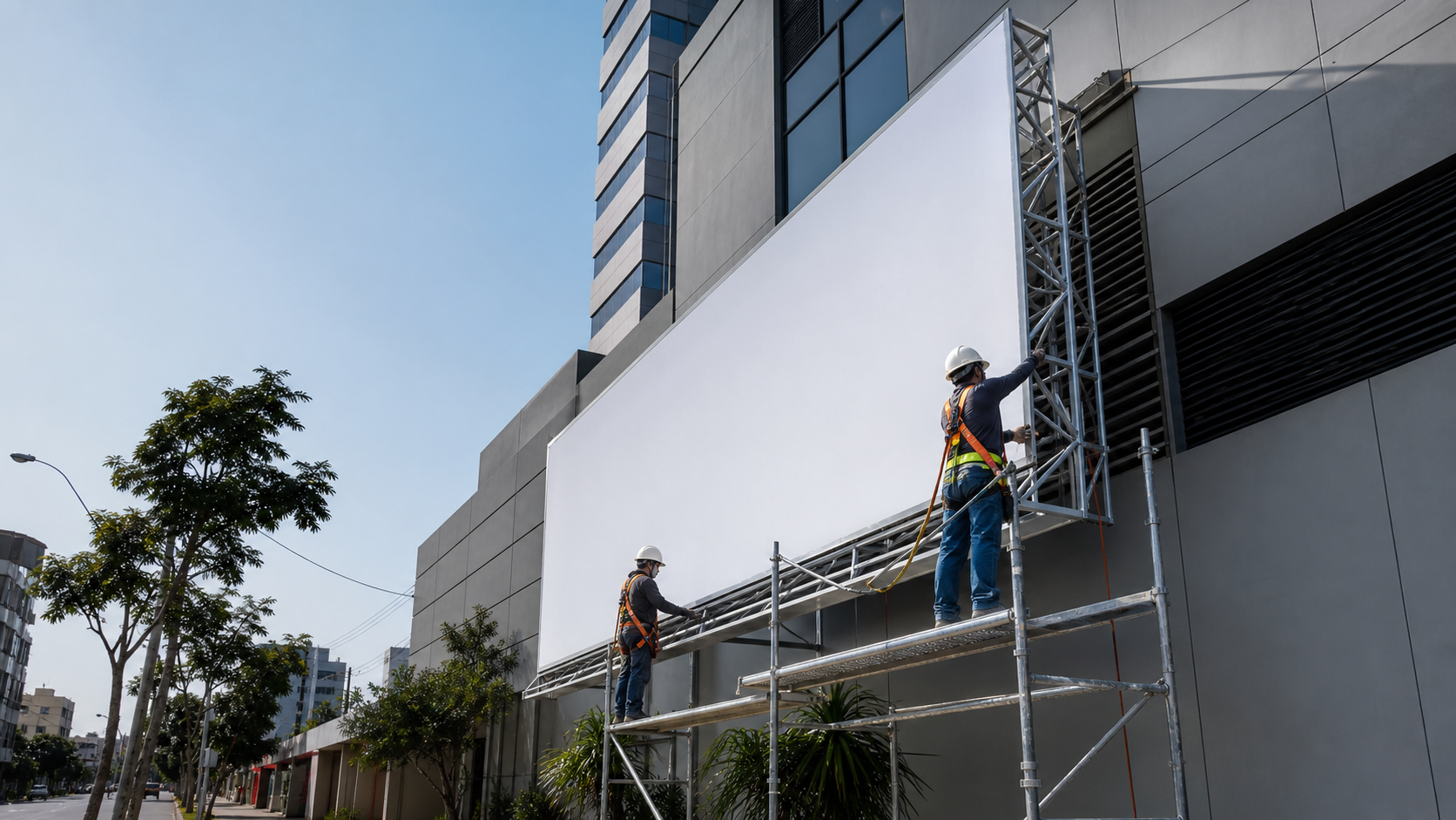 Técnicos instalando una estructura de publicidad exterior